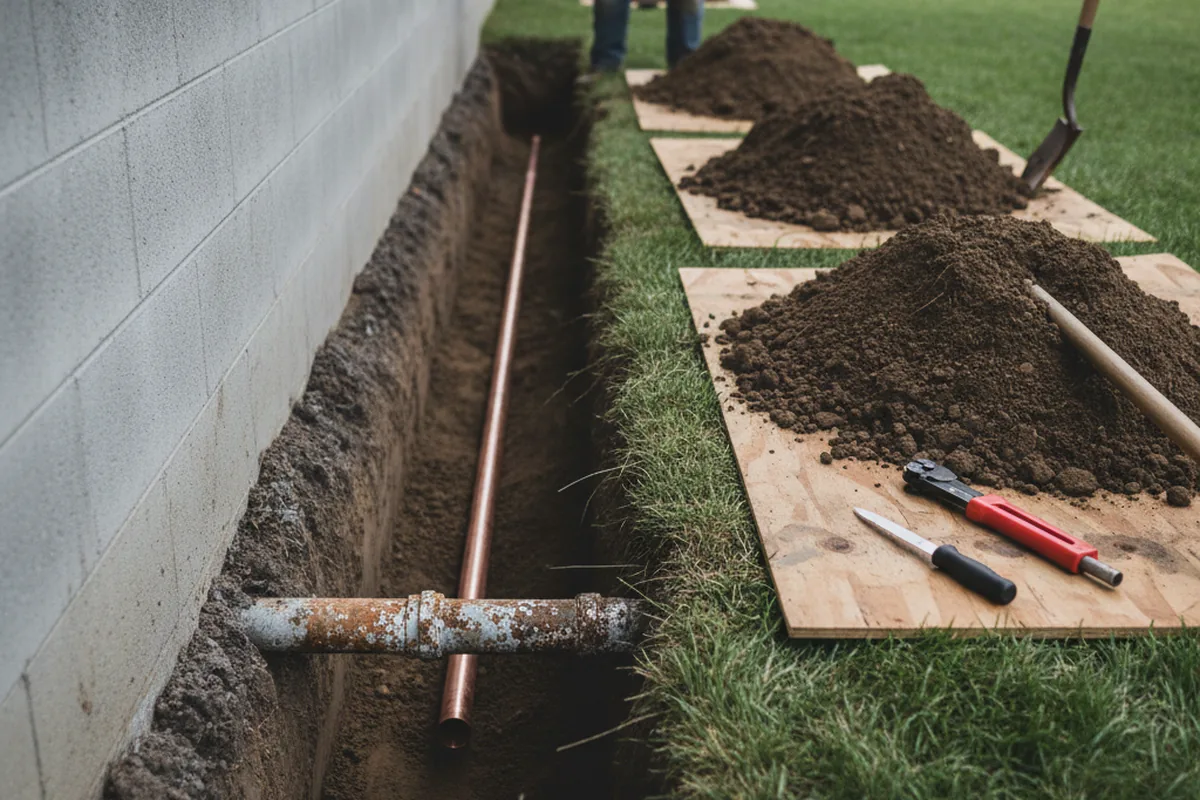 Excavated water line trench during Water Softener Installation in Cheltenham